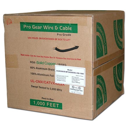 Pro Gear RG-6 Single Coax, SC,  Dish Approved, UL, 1000ft, black PGW2000B