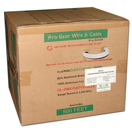 Pro Gear RG-6 Dual Coax, SC,  Dish Approved, UL, 500ft, white PGW2001W