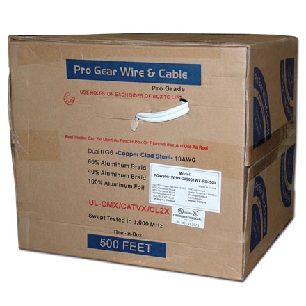 Pro Gear RG-6 Dual Quad CCS, UL, 500ft, white PGW9001W